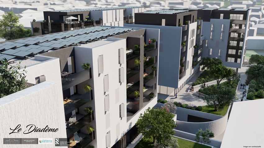 Le diadème : logements, bureaux & commerces A l’architecture contemporaine, le Diadème se compose de 4 immeubles, surplombant l’avenue Wilson et la rue Feynes : L’onyx (32 appartements), l’Opale (52 appartements), le Jade et l’Agathe. Diademe Web 3