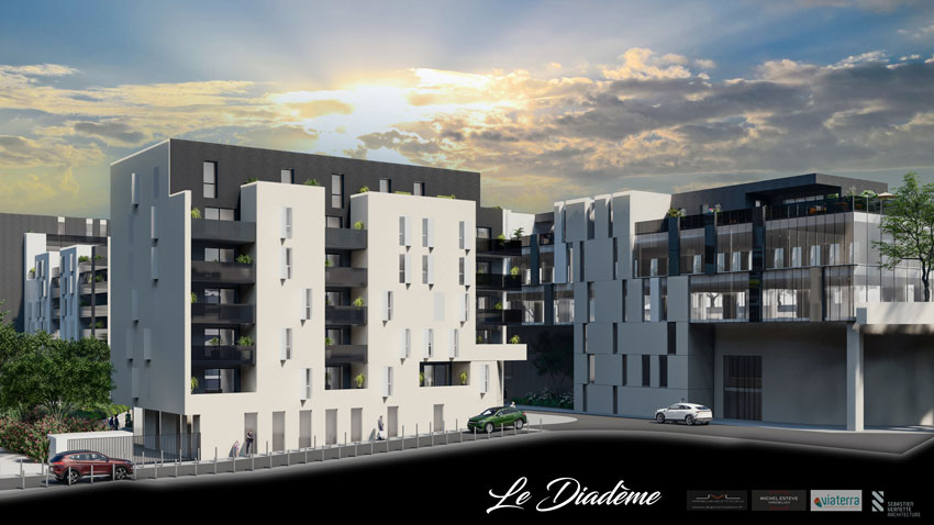 Le diadème : logements, bureaux & commerces A l’architecture contemporaine, le Diadème se compose de 4 immeubles, surplombant l’avenue Wilson et la rue Feynes : L’onyx (32 appartements), l’Opale (52 appartements), le Jade et l’Agathe. Diademe Web 5