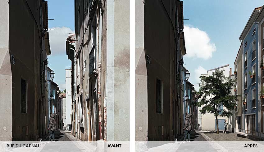 Renouvellement urbain de l'ilot du Capnau à Béziers Situé derrière l'église de la Madeleine, le quartier du Capnau est un secteur urbain historique de la ville de Béziers. Il est composé notamment des ilots Capnau et Sœurs Grises, qui délimitent un ensemble d’immeubles anciens densément bâti, aujourd’hui fortement dégradés. Classé en secteur sauvegardé, ce quartier fait partie intégrante du projet global de renouvellement urbain de la Ville de Béziers. operation-renouvellement-urbain-_capnau_bas9